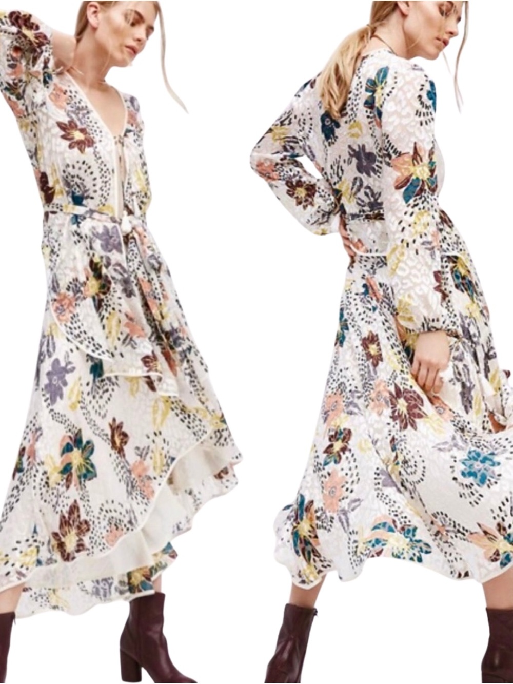 Free People Ivory Floral Leopard Silk Blend Wrap Top Tassel Tie Size Large